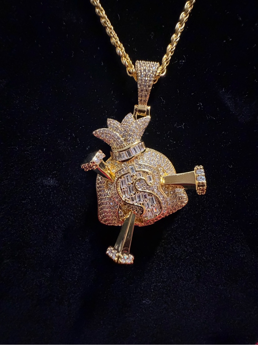 Money Bag with Nails Pendant – Full Moissanite | 14K Gold Plated